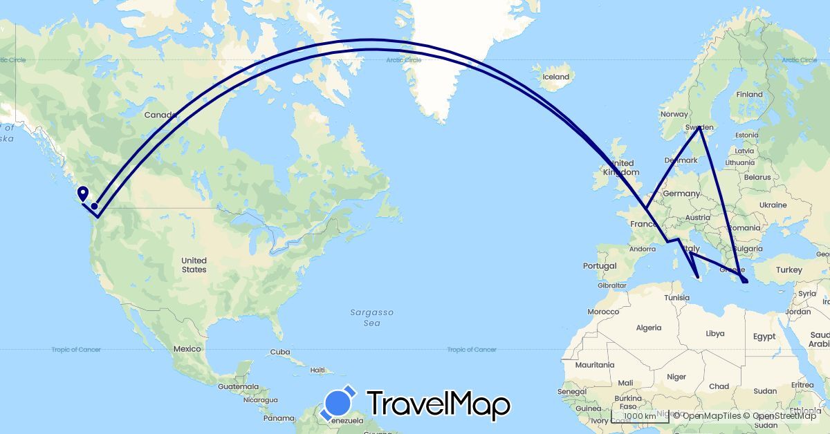 TravelMap itinerary: driving in Canada, France, Greece, Italy, Sweden, United States (Europe, North America)